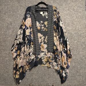 By Eloise Anthropologie Cardigan Womens One Size Navy Silk Kimono Floral Boho